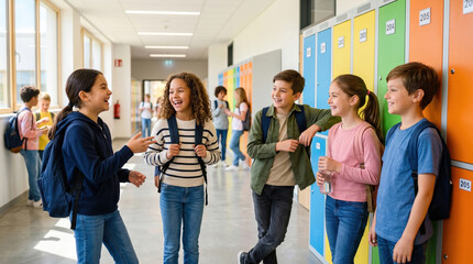 Fototapeta premium A diverse group of middle school students laughing and talking in a bright hallway next to colorful lockers. Casual backpacks and relaxed posture convey friendship and after-class socializing.