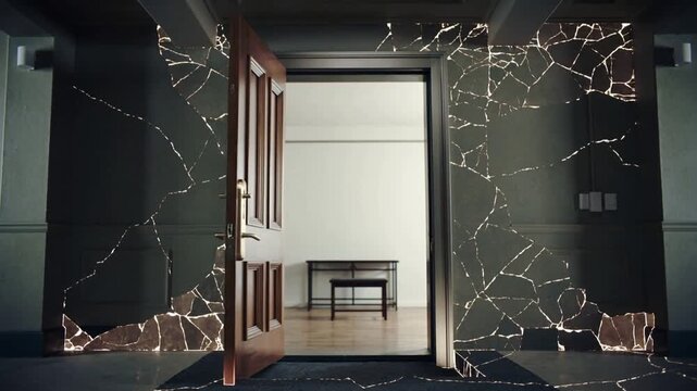 Opening wooden double door swinging at hatch after glowing cracks expanding, showing small table