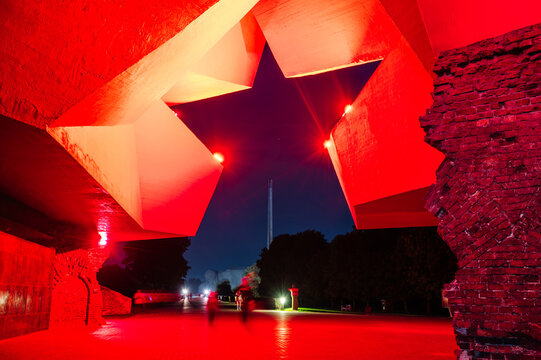 Brest, Belarus - 09.16.2025: the main entrance to the Brest Fortress is a red-lit star