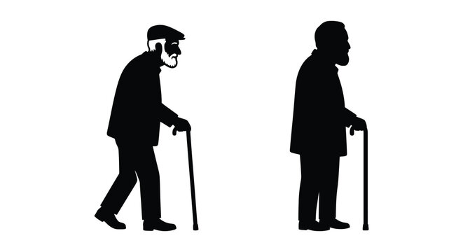Two elderly men walking with canes in a black silhouette against a white background silhouette senior