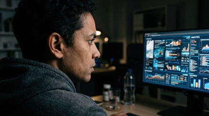 Fototapeta premium Intense concentration fills the room as a person examines various data sets on a computer screen. The late hours influence the overall atmosphere, showcasing dedication to understanding analytics.