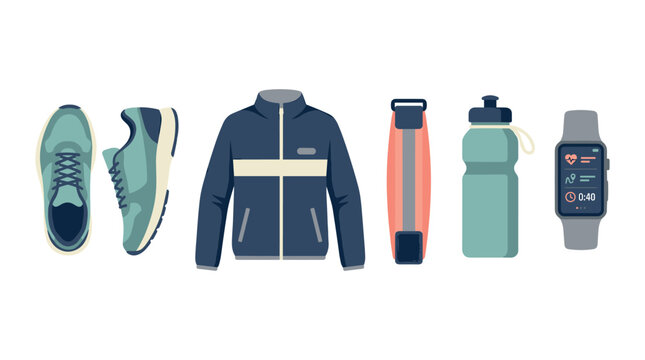 Flat vector illustration set of running gear and fitness accessories including sneakers, jacket, resistance band, water bottle, and smartwatch