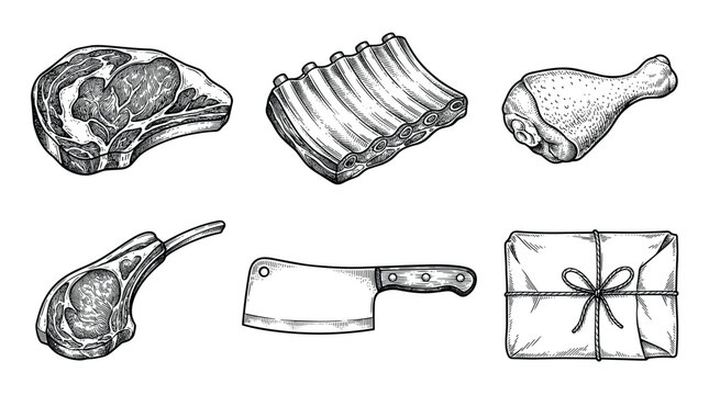 Butcher shop meat cuts and cleaver knife vector illustration set in vintage engraving style