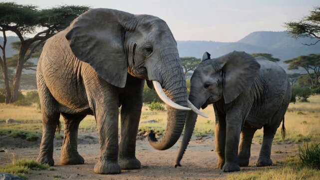 Lifting adult elephant raising trunk high on savanna, juvenile reaching up touching tusk in bonding