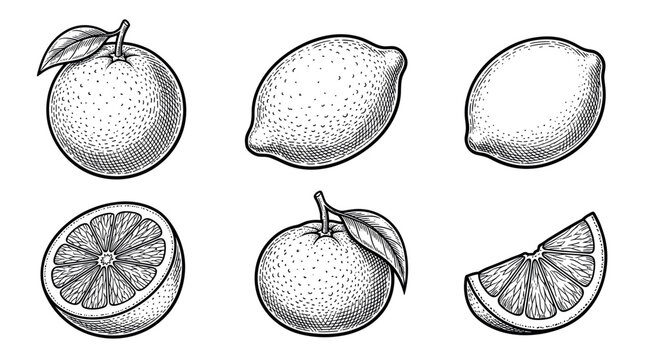 Citrus fruits including lemon orange and lime vector illustration set in vintage engraving style