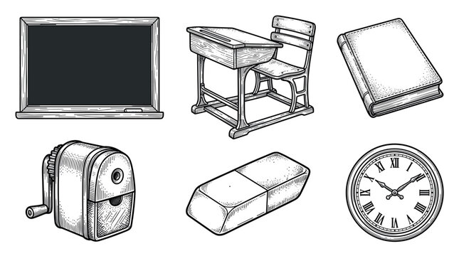Vintage school classroom objects vector illustration set in hand drawn engraving style
