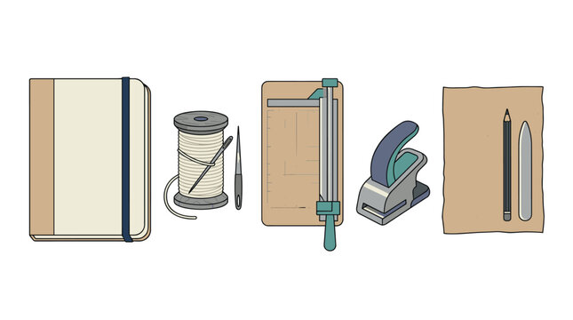 Bookbinding tools and materials flat vector illustration set