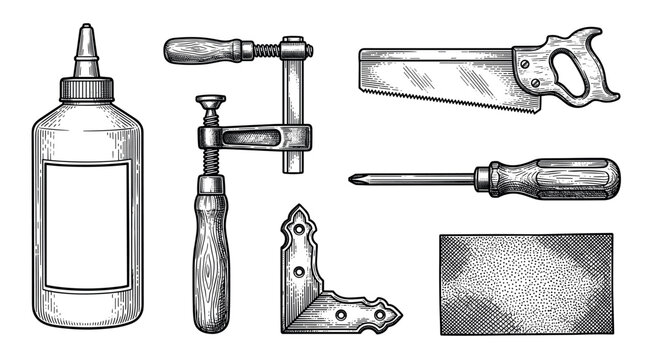 Vintage carpentry and woodworking tools vector illustration set