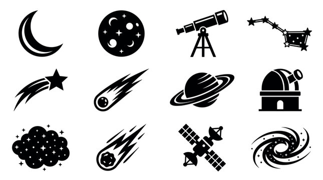Astronomy and space exploration glyph icon set, black vector symbols of planets, telescope, satellite, and stars
