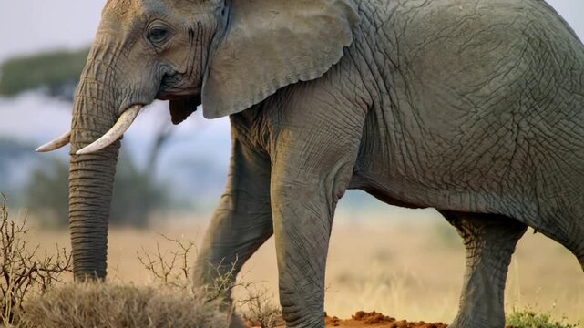 Seeing bush, adult elephant lowering and probing trunk as stepping on mound on plain, seeking food