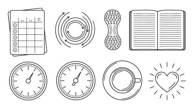 Self care and productivity tracking vector line icon set with journal, clock, coffee cup, and mood tracker