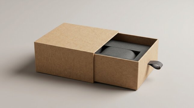Eco-friendly kraft paper drawer box with pull tab partially opened to reveal the interior. Sustainable premium packaging mockup isolated on a neutral background for branding presentations.