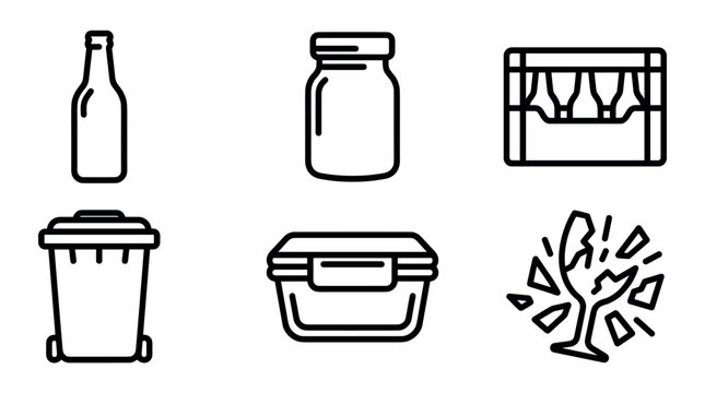 Glass recycling and waste management outline vector icon set