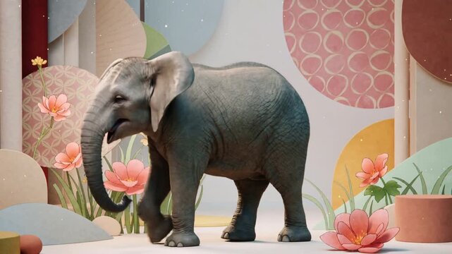 Camera pulling back baby elephant lifting trunk and walking across pastel floral panels, sparkles