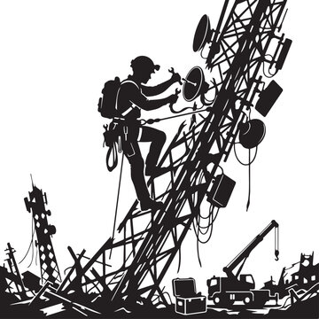 Telecom tower construction, cell tower maintenance, black silhouette illustration, industrial worker climbing