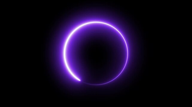 Abstract neon circle animation rotating and glowing against a dark background with futuristic digital.Bright pink neon glowing circle ring abstract background design element.Neon ellipse circle border