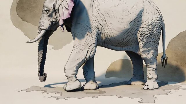 Zooming camera revealing painted elephant stepping on pale textured paper, showing tusks, hexagons