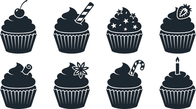 Sweet Cupcakes and Birthday Muffin Silhouette Icon Collection Vector Featuring Bakery Desserts with Toppings Like Cherry Strawberry Sprinkles Cinnamon Star Anise Candy Cane and Candle