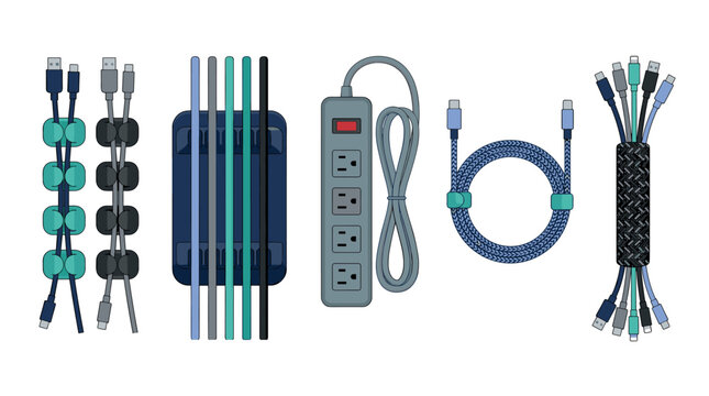 Cable management and wire organization accessories vector illustration set