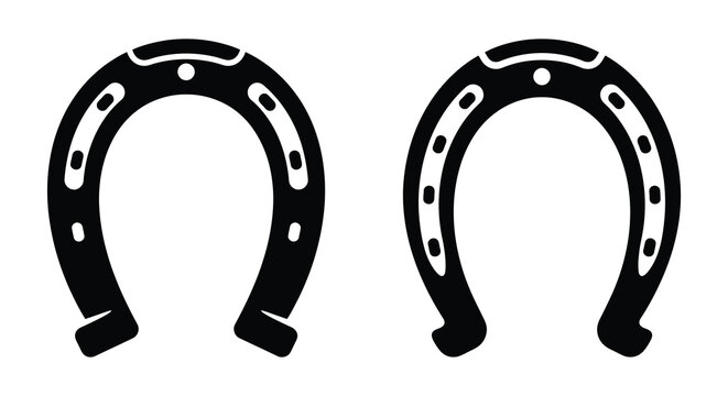 Two Black Silhouette Horse Shoes On A White Background Traditional Farrier Equipment Silhouette horseshoe iron metal