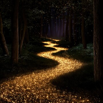 A winding pathway illuminated by countless glowing golden lights sparkles through a mysterious dark forest creating an enchanting magical atmosphere at night