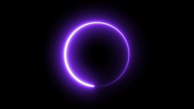 Abstract neon circle animation rotating and glowing against a dark background with futuristic digital.Bright pink neon glowing circle ring abstract background design element.Neon ellipse circle border