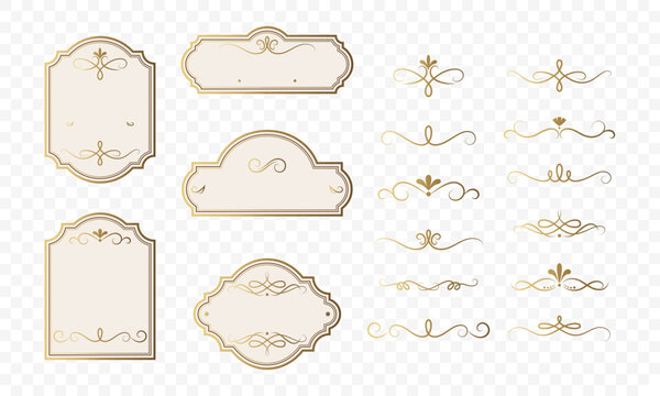 Elegant cream and gold labels with classic ornamental dividers. Ornamental templates for branding, packaging and premium products.