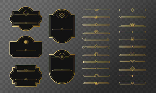 Black and gold vintage labels with decorative art deco dividers. Elegant frames and ornamental separators for luxury packaging, branding and premium design