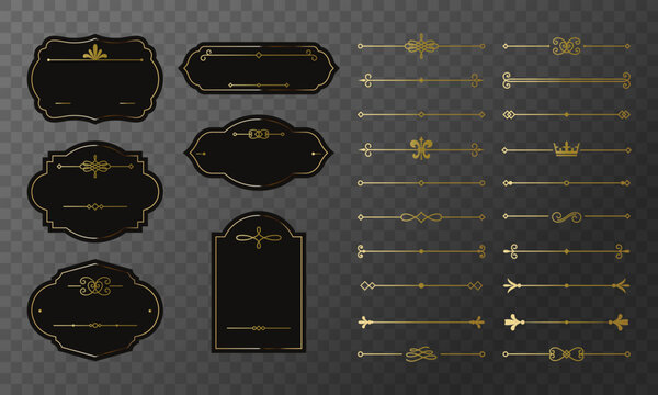 Black and gold vintage label set with elegant decorative dividers. Ornamental templates for premium branding, luxury packaging and premium products.