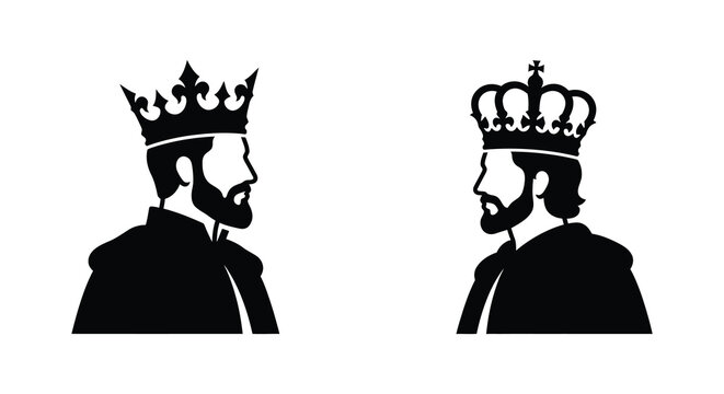 Two crowned male profile silhouettes facing each other a black and white graphic illustration silhouette king