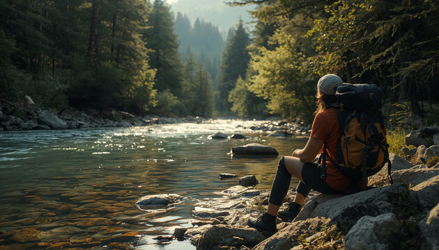 Backpacker sitting beside a crystal-clear river flowing through lush green fores