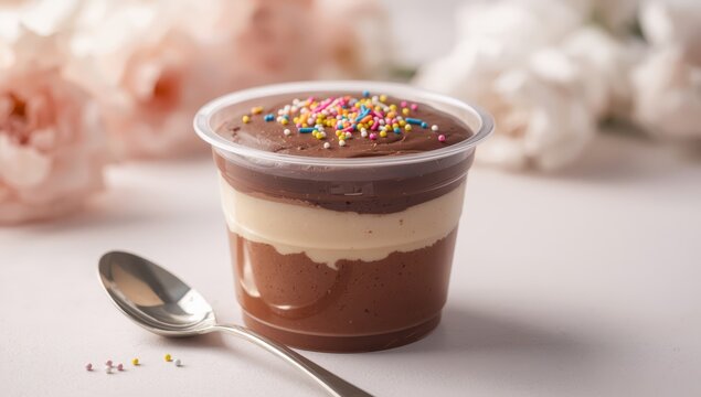 Chocolate mousse served in a plastic cup with a spoon against a styled backdrop.