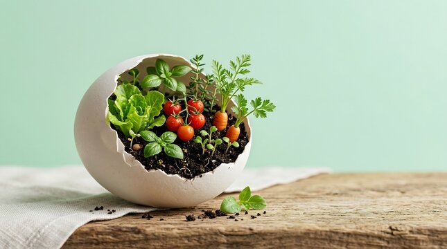 Conceptual image of a broken white eggshell containing a miniature organic vegetable garden with cherry tomatoes, carrots, and lettuce on a wooden surface