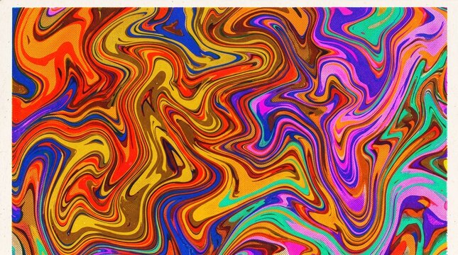 Abstract psychedelic marble background with vibrant fluid swirl patterns and risograph grain texture