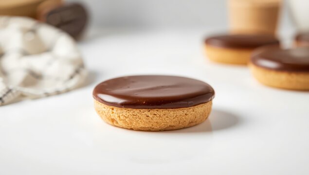 Chocolate-covered Choco pie on a white backdrop with space for text.