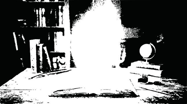 Mysterious glowing entity erupts from open book on vintage desk with globe and bookshelf