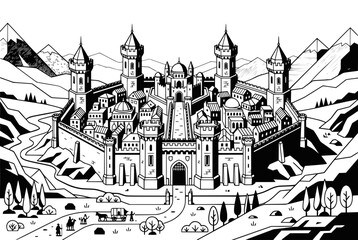 Naklejka premium Medieval Fantasy Castle Town Landscape Illustration with Mountains and Path