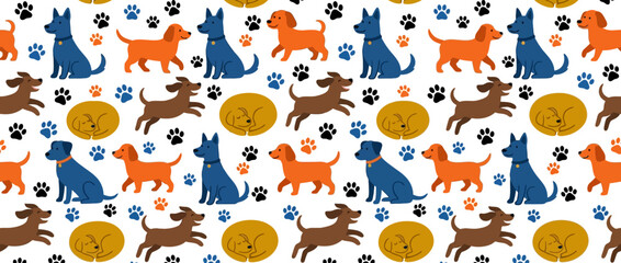 Fototapeta premium Cute Dog Pattern Seamless Background: Various Breeds, Paw Prints, Sleeping Pups