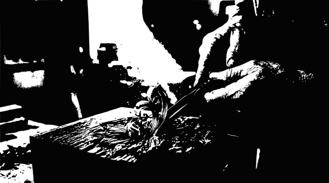 Artisan carving wood with chisel, close-up of hands at work, creating detailed texture