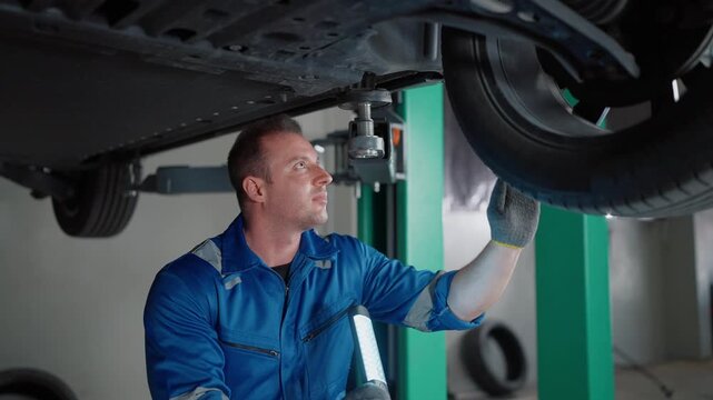 Mechanic inspects EV car under lift, focused and precise. Wearing blue uniform, he works with care. Tools and tires nearby indicate busy garage. Ideal for automotive repair or maintenance themes
