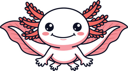 Fototapeta premium Cute Cartoon Axolotl Character Clipart Vector Featuring Friendly Kawaii Mexican Walking Fish Mascot with Large Glistening Eyes Pink Feathery External Gills and Smiling Expression