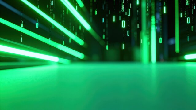 Abstract neon green light lines and binary code