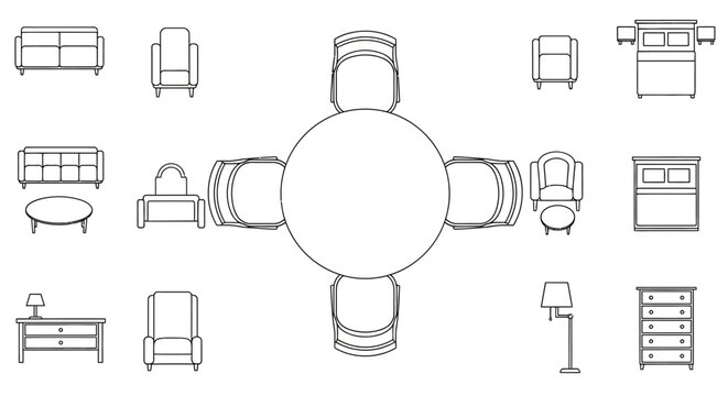 Minimalist line art illustration of various household objects and tools.