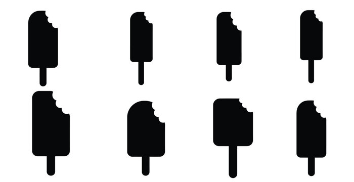 Set of black silhouettes of bitten ice cream popsicles isolated on a white background.