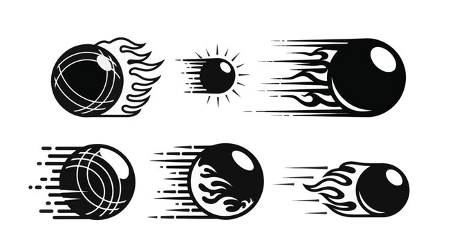 Vector set of six black and white bocce balls with dynamic speed trails and fire flames. Graphic icons for boules, petanque, and lawn bowling sports on a white background.