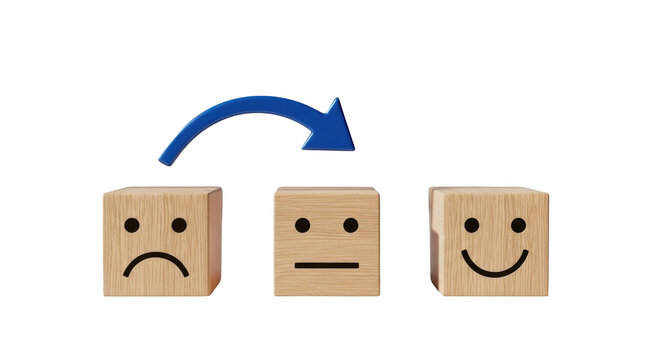 Three emotion faces transforming from sad to happy