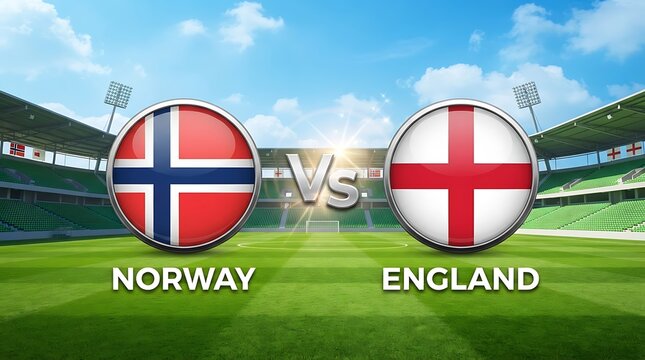 Norway vs england football match graphic on a stadium background