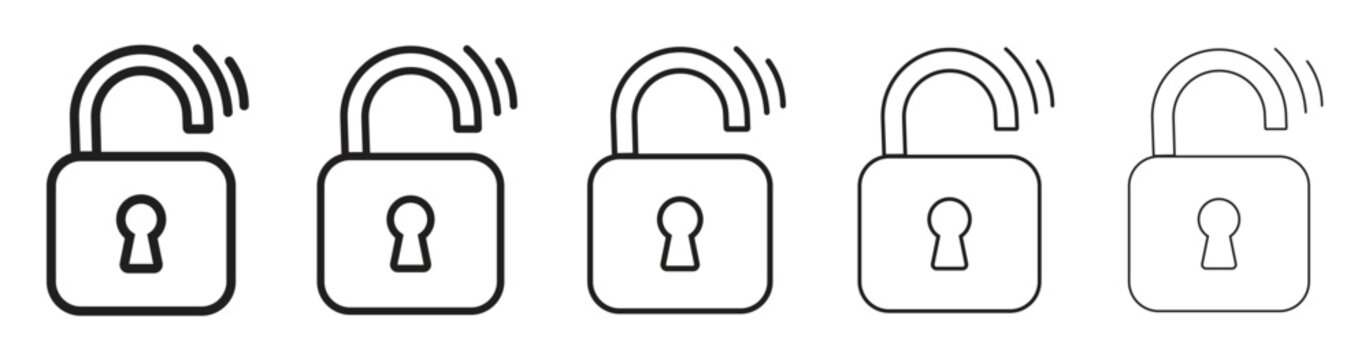 A set of five unlocked padlock icons with different smart security and UI UX design. modern open padlock and line stroke weights vector. vector illustration.