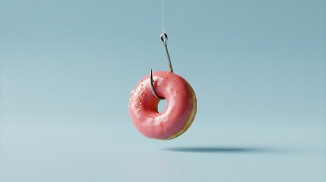 Pink glazed donut with sprinkles hanging from a metal fishing hook on a light blue background
