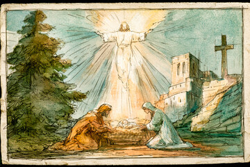 Obraz premium Mary and Joseph kneel beside the newborn Jesus in a stable. A bright figure appears above them. A stone structure stands in the background
